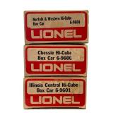 Lionel O Scale Hi-Cube Box Car Set: Illinois Central, Chessie, Norfolk & Western