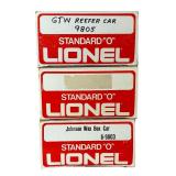 Lionel Grand Trunk Western Reefer, Rock Island Box Car and Johnson Wax Box Car