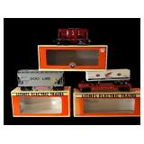 Lionel Electric Train Cars Set with Boxes - Red Wing Shoes Flat Car, SOO Line Hopper and M&STL Ore Car