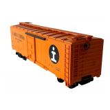 Lionel O Gauge Train Cars including Norfolk & Western Hopper, New York Central Flat Car with Stakes and Illinois Central Box Car