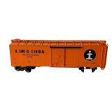 Lionel O Gauge Train Cars including Norfolk & Western Hopper, New York Central Flat Car with Stakes and Illinois Central Box Car
