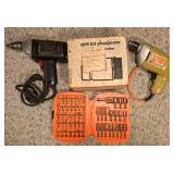 Pair of Power Drills, Bit Sharpener & Drill Bits