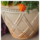 Large Beige Planter Containing a Variety of Colorful Foliage & Florals