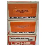 Three Electric Lionel Train Cars including Lionel Model 6-19401 Great Northern Gondola with Coal and More