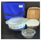 Vintage Pyrex Snowflake Covered Casserole, Pyrex Mixing Bowl, 2-Quart Pampered Chef Batter Bowl and More