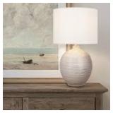 Hampton Bay Finch 22 in. Distressed White Ribbed Table Lamp with White Linen Shade   Customer Returns See Pictures