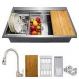 AKDY Handmade All-in-One Drop-in Stainless Steel 33 in. x 22 in. Single Bowl Workstation Kitchen Sink with Pull-down Faucet Customer Returns See Pictures