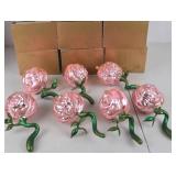Set of Pink Rose Glass Ornaments with Green Glittered Stems, Made in Poland