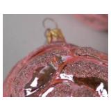 Set of Pink Rose Glass Ornaments with Green Glittered Stems, Made in Poland
