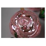 Set of Pink Rose Glass Ornaments with Green Glittered Stems, Made in Poland