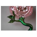 Set of Pink Rose Glass Ornaments with Green Glittered Stems, Made in Poland