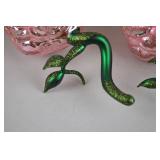 Set of Pink Rose Glass Ornaments with Green Glittered Stems, Made in Poland