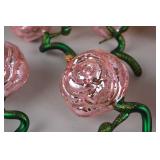 Set of Pink Rose Glass Ornaments with Green Glittered Stems, Made in Poland