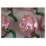 Set of Pink Rose Glass Ornaments with Green Glittered Stems, Made in Poland