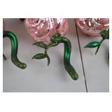Set of Pink Rose Glass Ornaments with Green Glittered Stems, Made in Poland