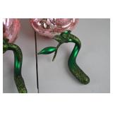 Set of Pink Rose Glass Ornaments with Green Glittered Stems, Made in Poland