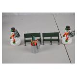Christmas Village Figurines w/ Snowmen, Benches & Trash Can Set