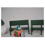 Christmas Village Figurines w/ Snowmen, Benches & Trash Can Set