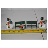 Christmas Village Figurines w/ Snowmen, Benches & Trash Can Set