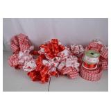 Assorted Red and White Wired Ribbon Spools and Handmade Bows