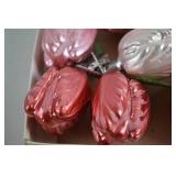 12 Vintage Glass Christmas Clip-On Ornaments, Pink and Red Tulip Design