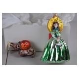 2 Holiday Glass Ornaments: Gone With The Wind Lady & Cat Pumpkin Christopher Radko