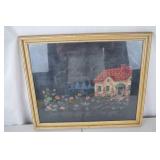 Framed Needlepoint Cottage and Garden Scene, 23x19 Inches