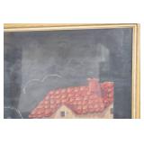 Framed Needlepoint Cottage and Garden Scene, 23x19 Inches