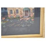 Framed Needlepoint Cottage and Garden Scene, 23x19 Inches