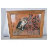 Framed Cat and Strawberries Art Print, 21x26 Inches