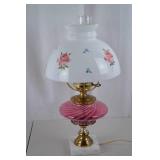 Vintage Pink Swirl Glass Table Lamp with Floral Shade, 23-Inch