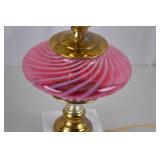 Vintage Pink Swirl Glass Table Lamp with Floral Shade, 23-Inch