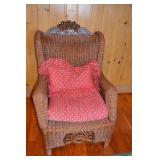 Wicker Armchair with Carved Wood Trim and Cushions