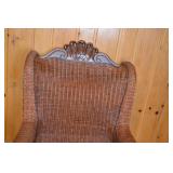 Wicker Armchair with Carved Wood Trim and Cushions