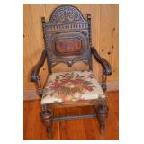 Antique Carved Oak Armchair with Needlepoint Seat