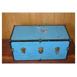 Vintage Blue Metal Storage Trunk with Latch Closures