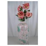 Hand Painted Porcelain Macau Vase with Silk Roses, 21 Inches Tall