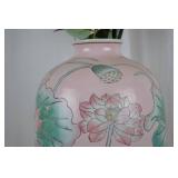 Hand Painted Porcelain Macau Vase with Silk Roses, 21 Inches Tall