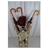 Vintage Wrought Iron Umbrella Stand with Three Umbrellas