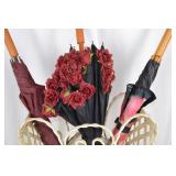 Vintage Wrought Iron Umbrella Stand with Three Umbrellas