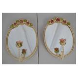 Pair of Vintage Floral Wall Mirrors with Rose Hooks