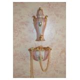Vintage porcelain wall-mounted water dispenser and bowl, pink floral