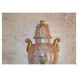 Vintage porcelain wall-mounted water dispenser and bowl, pink floral
