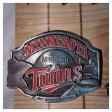 Bud Light Belt Buckle and Minnesota Twins Belt Buckle, Keychain and 1991 Worls Series Button