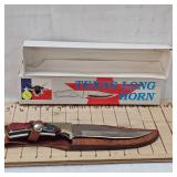 Texas Longhorn Knife 6" Blade with Wood Handle and Leather Sheath