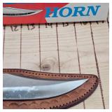 Texas Longhorn Knife 6" Blade with Wood Handle and Leather Sheath