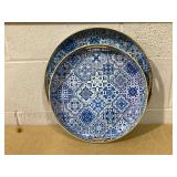 Serving Trays Set of 2, Decorative Plastic Serving Trays with Handles, 15" & 13" Round Tray Party Tray for Food, Coffee Table, Ottoman, Bathroom, and Living Room (Round Blue Moroccan)
