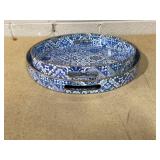 Serving Trays Set of 2, Decorative Plastic Serving Trays with Handles, 15" & 13" Round Tray Party Tray for Food, Coffee Table, Ottoman, Bathroom, and Living Room (Round Blue Moroccan)