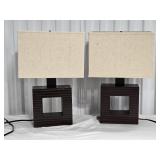 Chic Modern Wood Square Base Table Lamp Pair