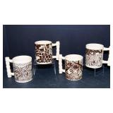 Set of 4 Vintage 1970s Royal Crown “Jungle Safari” Coffee Mugs – Bamboo Handles